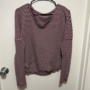 Mudd Striped V-Neck Long Sleeve Top - Burgundy & White
